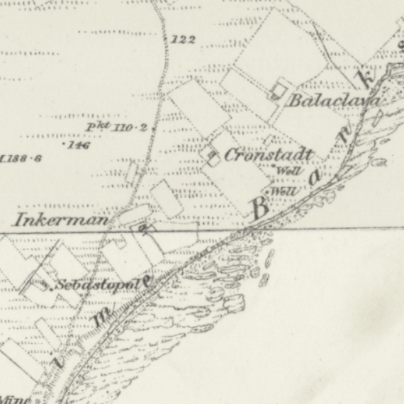 Image of Ordnance Survey 1st edition showing Balaclava, Cronstadt, Inkerman and Sebastopol
