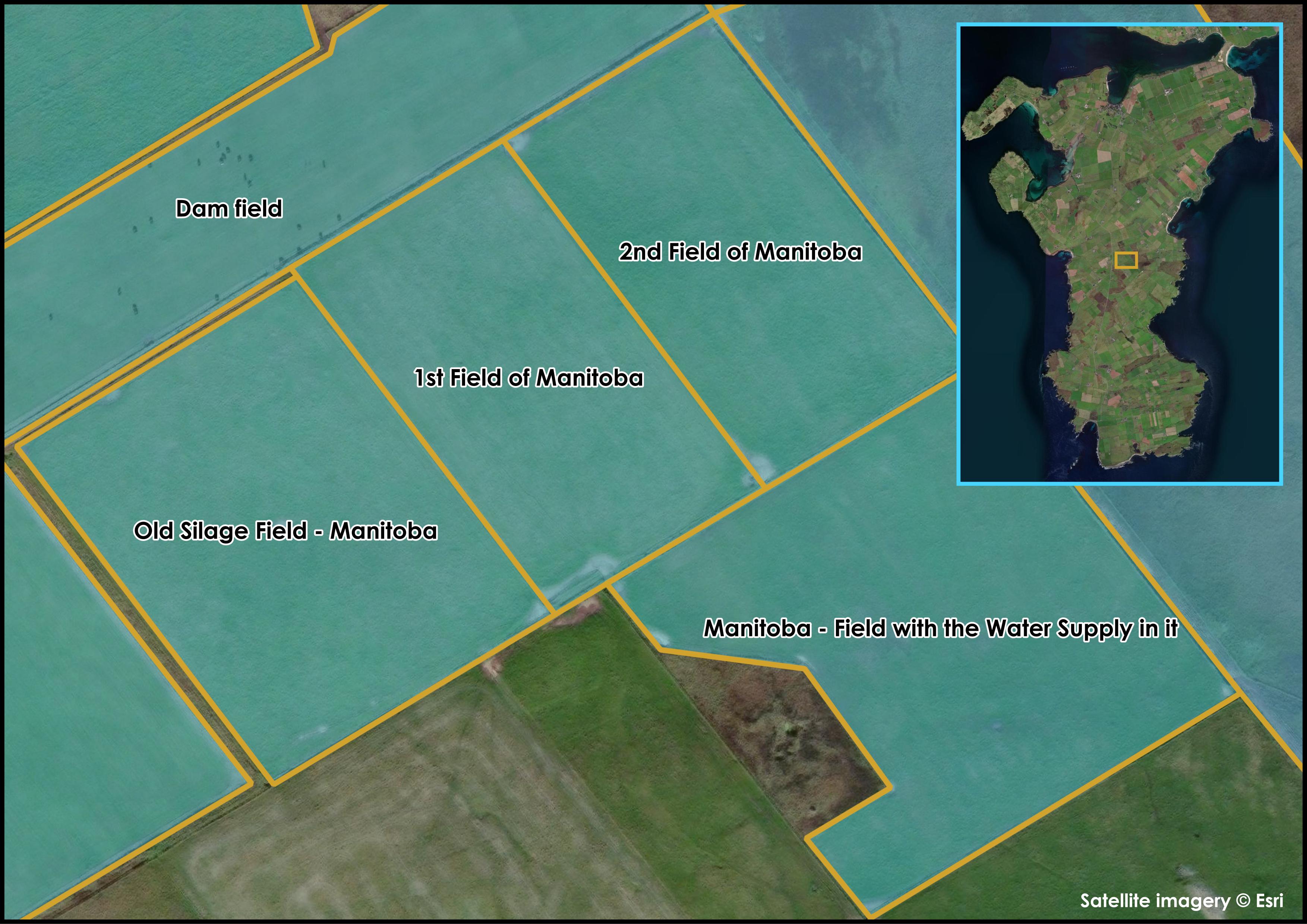 Map showing the four Manitoba fields in South Ronaldsay